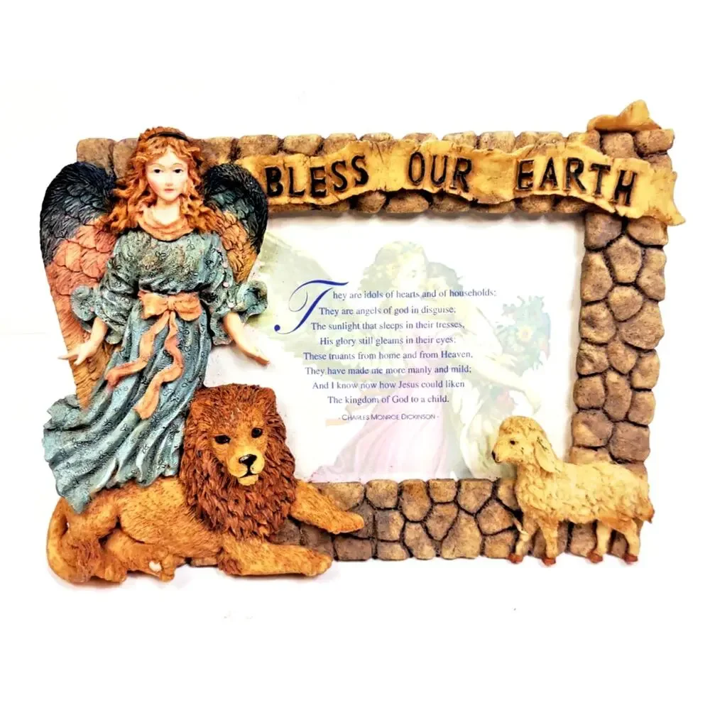 Vintage Holiday Frame Angel Sheep and Lion Bless Our Earth Poem 3-D Carved Resin